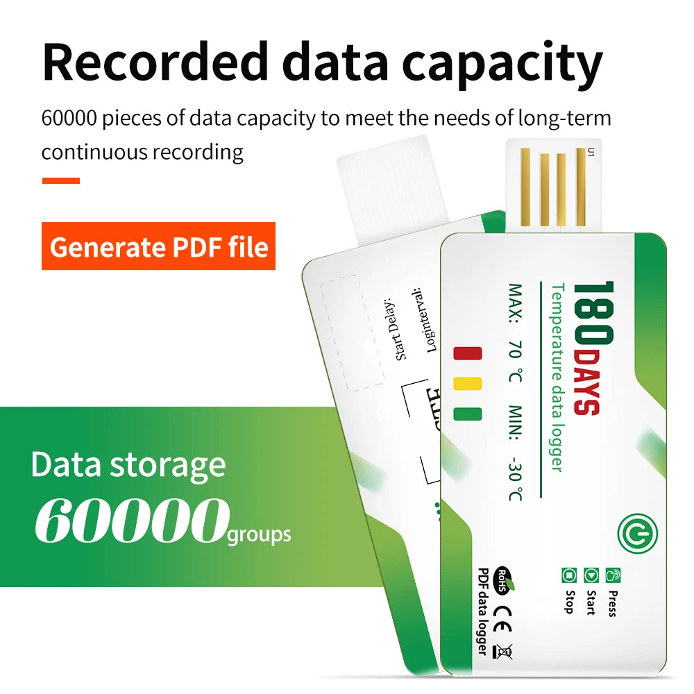 180-Day Disposable USB Temperature Data Logger with LED Indicator and Temp Alarm for Cold Chain Transport PDF Report