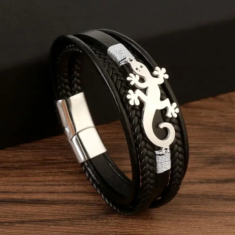 CowLost | jiayiqi-trendy-leather-cord-men-bracelet-metal-animal-gecko-pattern-bracelet |15