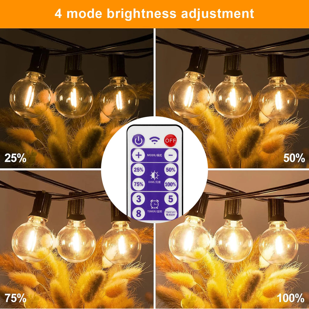 G40 LED Solar String Lights with Remote, 8 Modes, USB Charge, Waterproof for Outdoor Balcony Wedding