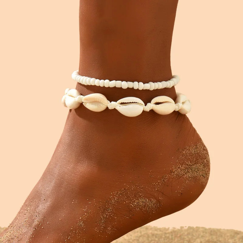 CowLost | boho-bohemian-sea-shell-flower-woven-anklet-for-women-starfish-conch-bracelet-on-the-leg-beach-barefoot-sandal-leg-chain-jewelry |1