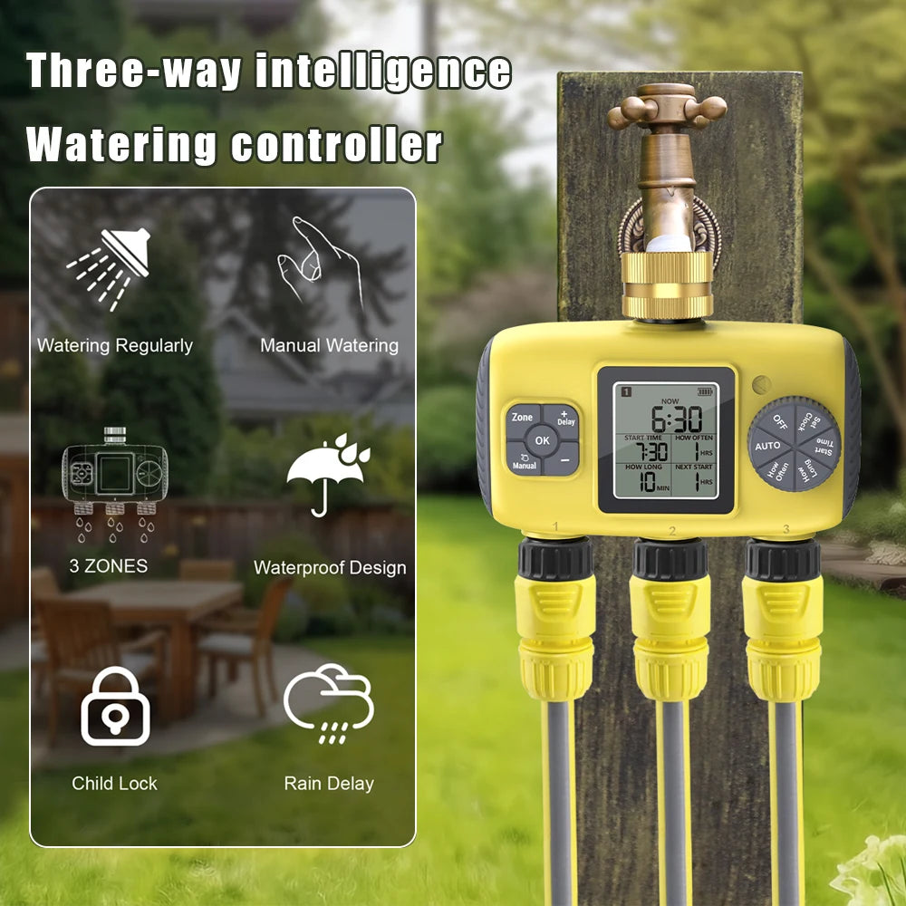 Intelligent 1-3 Zone Automatic Solar Water Timer Irrigation Controller for Garden Lawn
