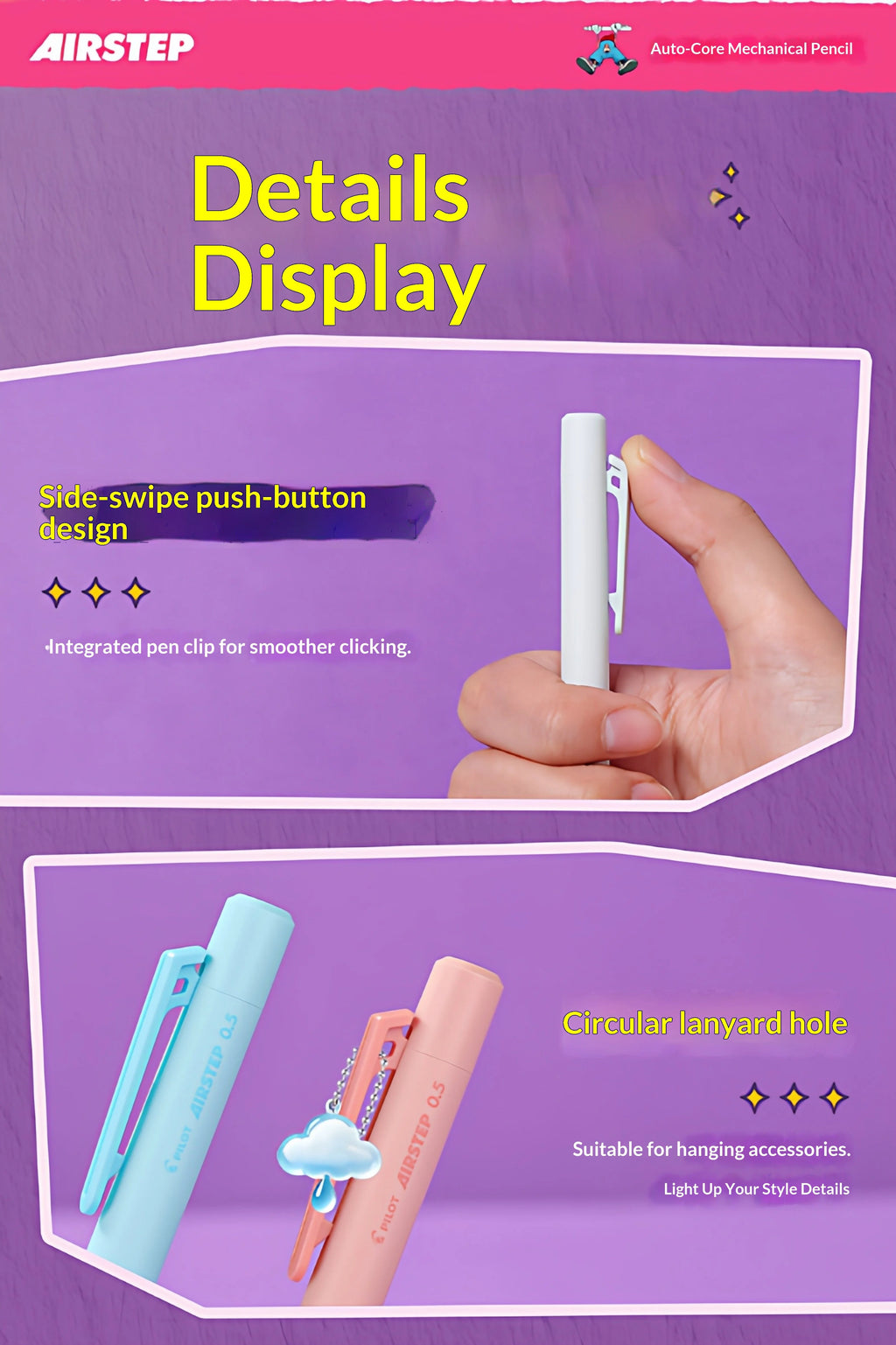 CowLost | product_id-pilot-airstep-has-15-0-5mm-mechanical-pencil-auto-lead-advance-colorful-barrel-stable-writing |12