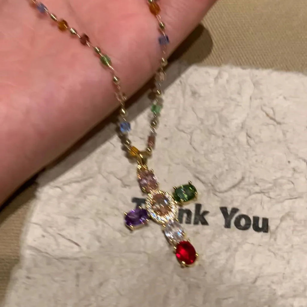 Colorful Zircon Cross Pendant Necklace Stainless Steel Religious Jewelry Gift