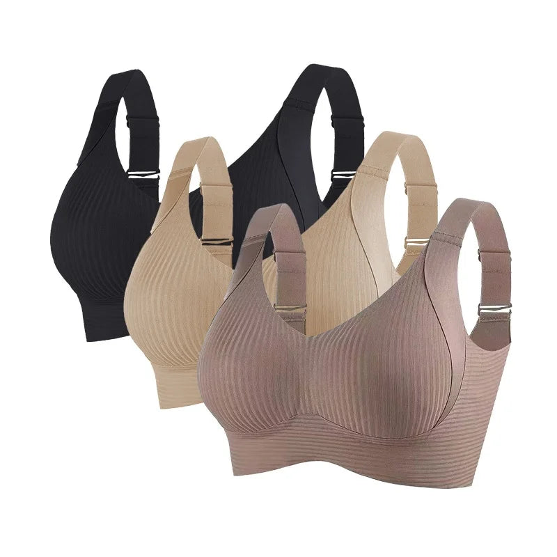 CowLost | product_id-3pcs-womens-plus-size-seamless-v-neck-push-up-wire-free-ribbed-bralette-m-4xl |1