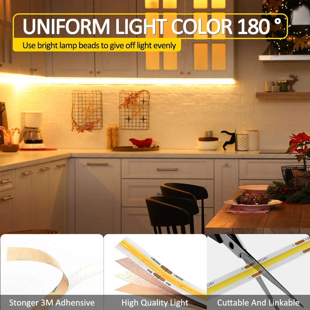 12V/24V 10M FCOB LED Strip Light Warm White High Density Flexible 3000K-6000K Cuttable COB Tape