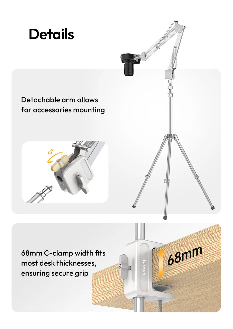 CowLost | ulanzi-th04-overhead-camera-mount-microphone-stand-detachable-c-clamp-2kg-load |17