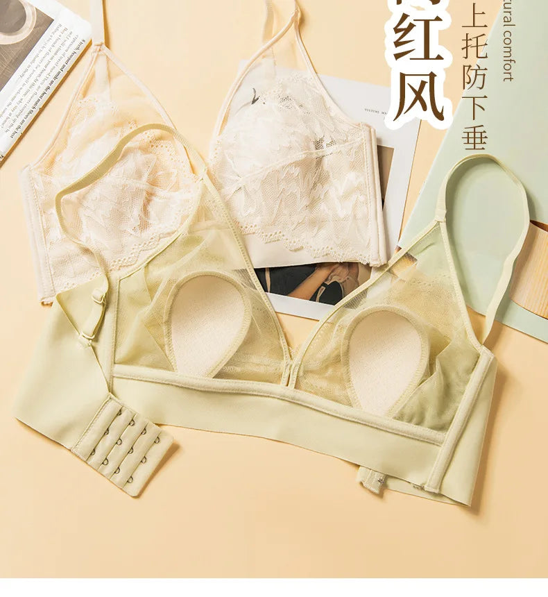 CowLost | product_id-2pcs-wireless-lace-push-up-v-neck-seamless-3-4-cup-bralette-set-for-women |3