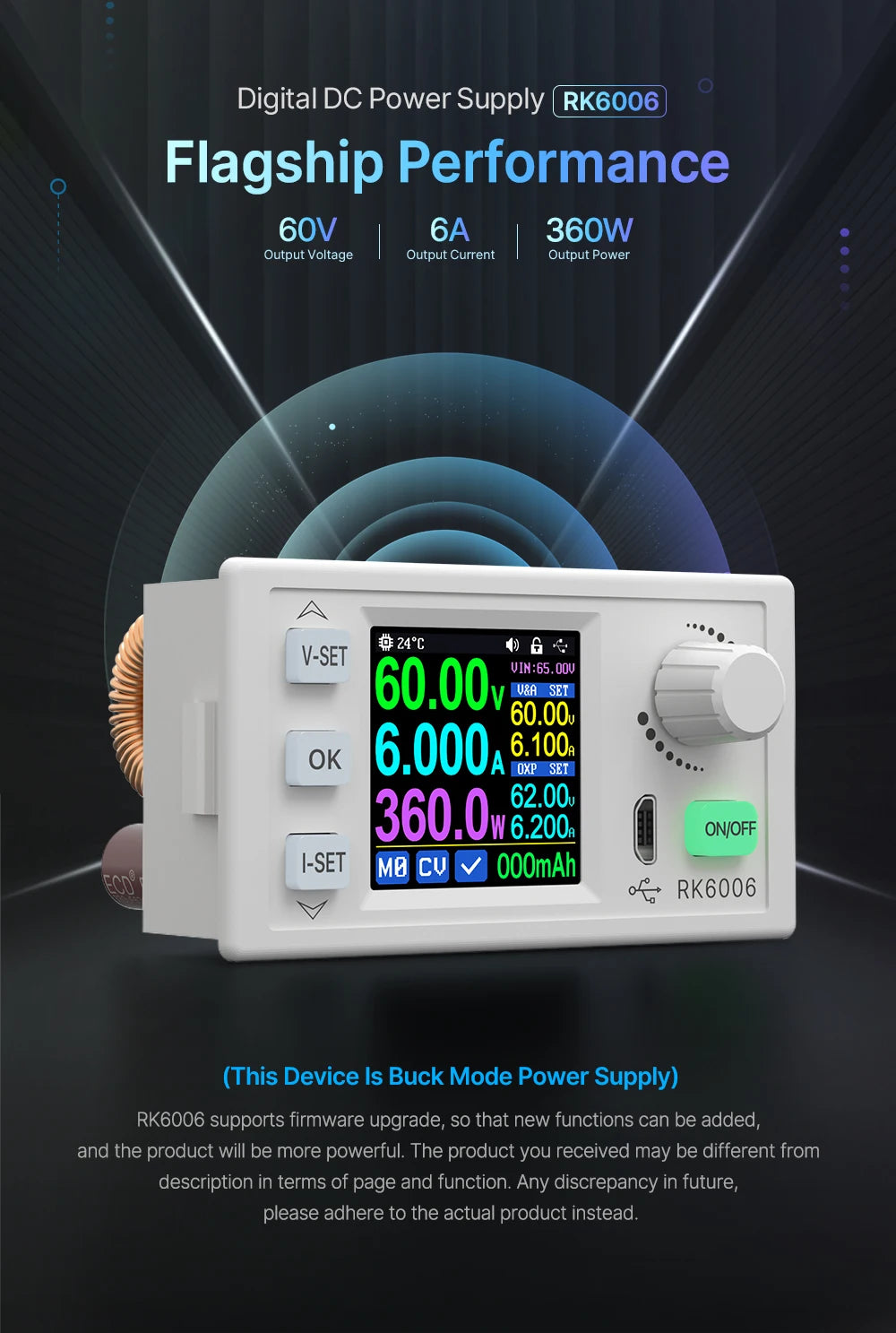 JUANJUAN RK6006-BT 4-Digit 60V 6A DC-DC Adjustable Buck Converter Power Supply