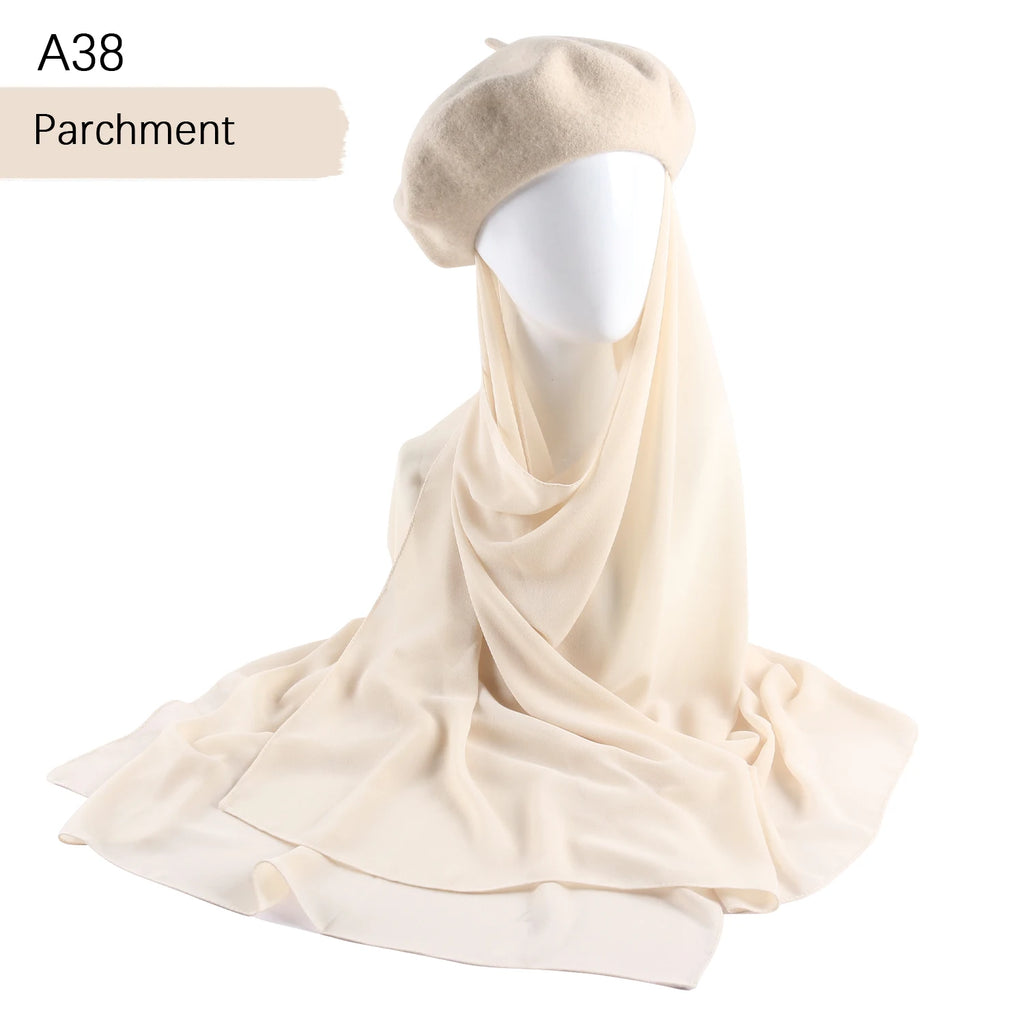 CowLost | musilm-women-french-style-beret-hats-with-chiffon-hijab |16
