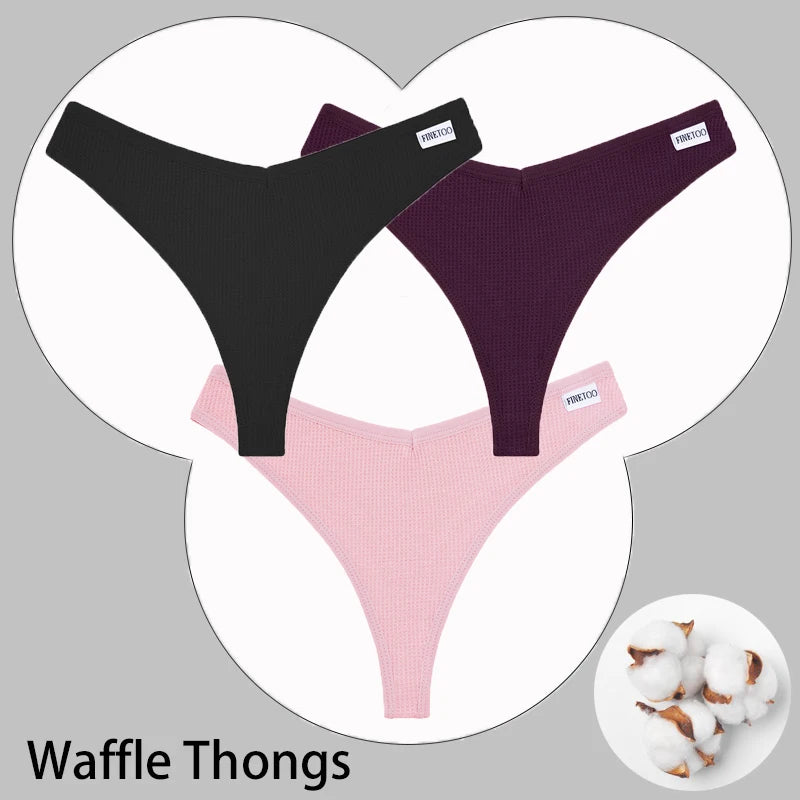 CowLost | activewear-pants-3pcs-cotton-waffle-women-s-sexy-thong-panties-set |40