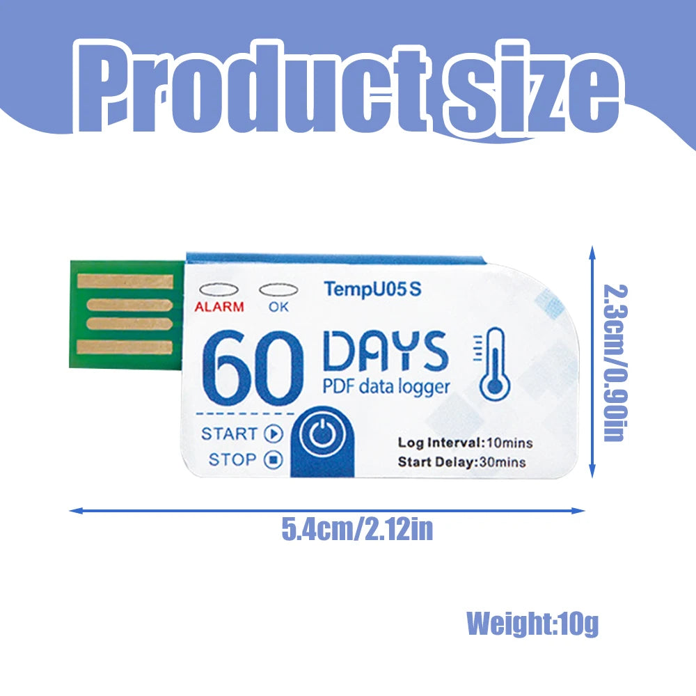 TempU05S USB Temperature Data Logger 60-Day Disposable 10000-Point PDF Report Cold Chain Recorder