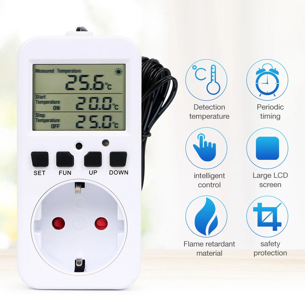 LCD Thermostat Timer Socket 16A EU Plug Temperature Controller with Alarm and Circulation Switch for Heating Cooling
