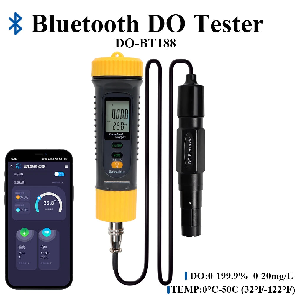 Bluetooth Digital Dissolved Oxygen Meter 0-20 mg/L DO Tester for Pool Hydroponics Aquaculture