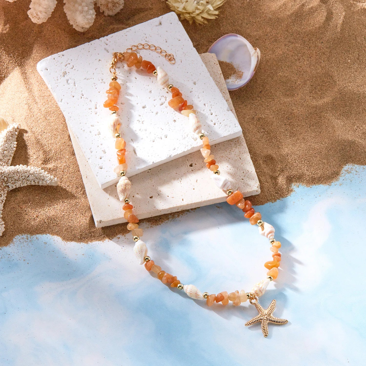 CowLost | bohemian-starfish-conch-pendant-necklaces-for-women-colorful-irregular-stone-choker-neck-chain-girls-summer-beach-party-jewelry |6