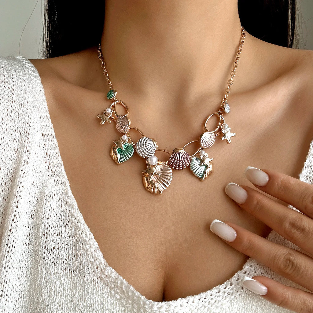 CowLost | boho-starfish-shell-coral-pearl-pendant-necklace-for-women-shiny-crystal-zircon-dripping-oil-beach-clavicle-choker-charm-jewelry |10