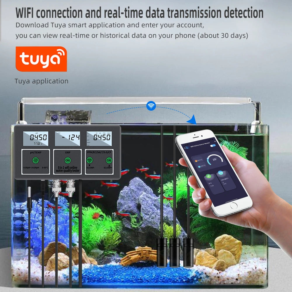 Tuya WiFi 8-in-1 Water Quality Tester pH/EC/TDS/Salt/S.G/ORP/CF/Temp Meter pH-W218 for Aquarium