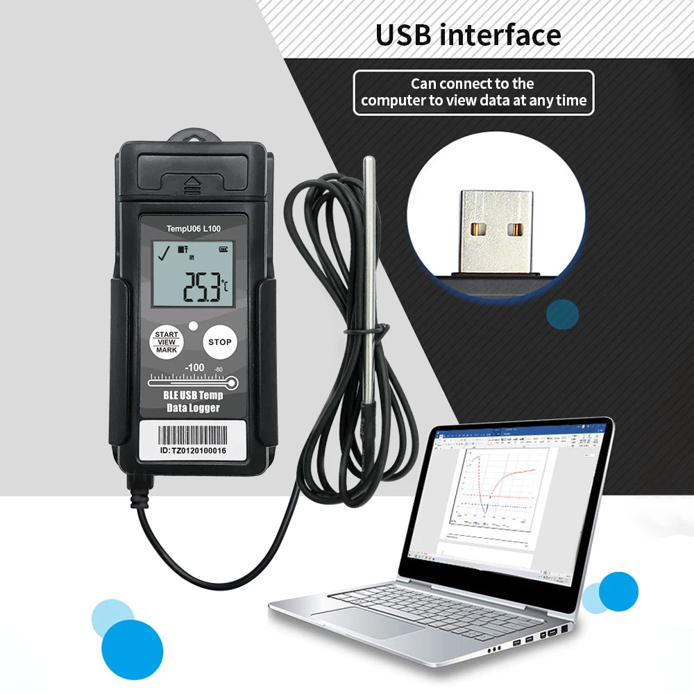 TempU06 Ultra Low Temp Data Logger USB Bluetooth 32000 Points -80℃ to -200℃ Recorder