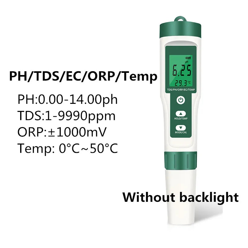 5-in-1 Digital pH TDS EC ORP Temperature Meter Portable Water Quality Tester