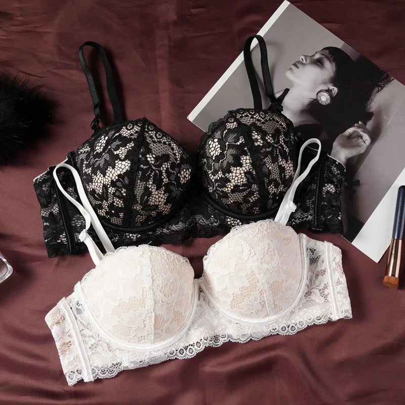 CowLost | black-lace-bra-women-small-chests-gathering-bralette-removable-shoulder-strap |2