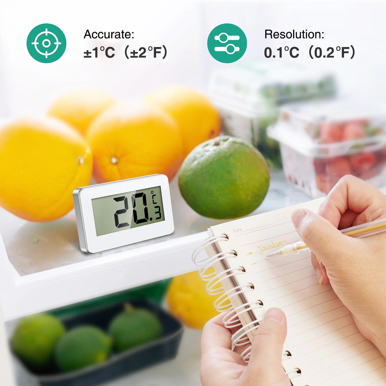 ORIA 2pcs Digital Waterproof Refrigerator Thermometer with Magnet and Hook, Max/Min Record