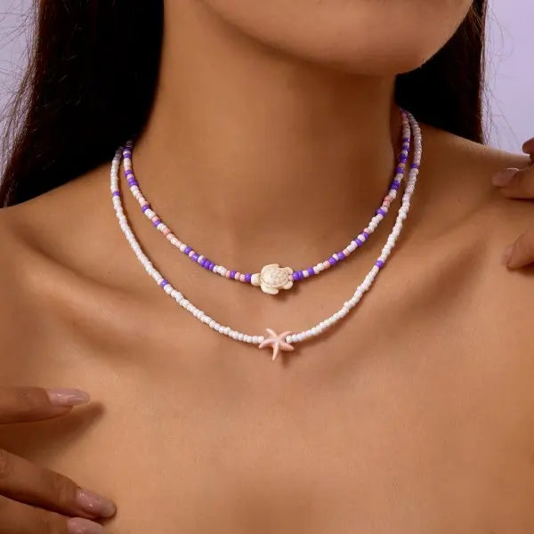 CowLost | bohemian-double-beaded-starfish-turtle-pendant-necklace-for-women-colorful-seed-bead-clavicle-chain-choker-beach-party-jewelry |9