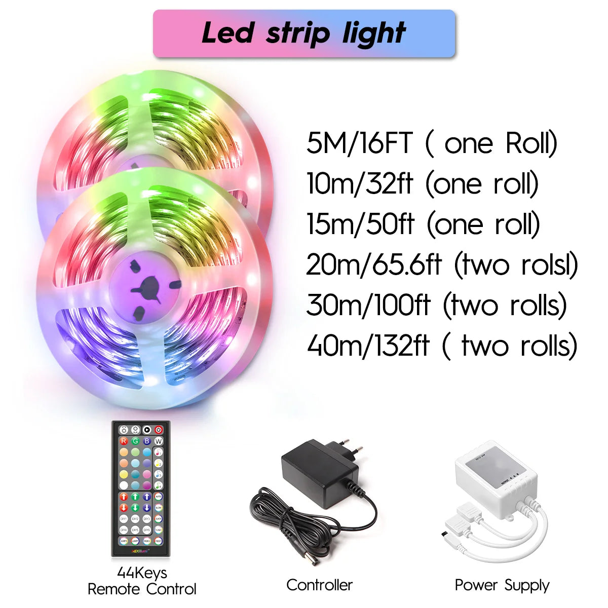 RGB LED Strip Light 40m/30m/20m/15m, Flexible 24V SMD3535, APP Control Music Sync for Room Decor