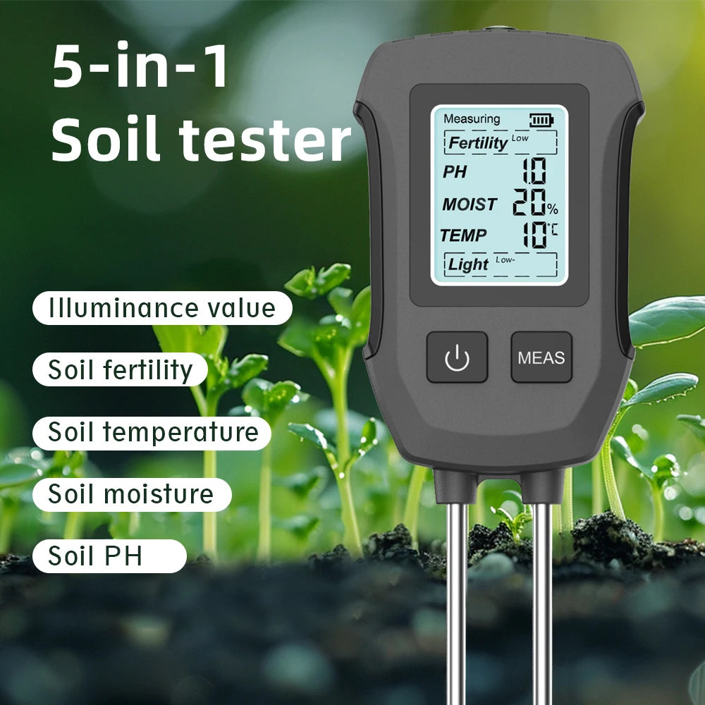 5-in-1 Digital Soil Meter PH Moisture Fertility Temp Sunlight Tester for Garden Greenhouse