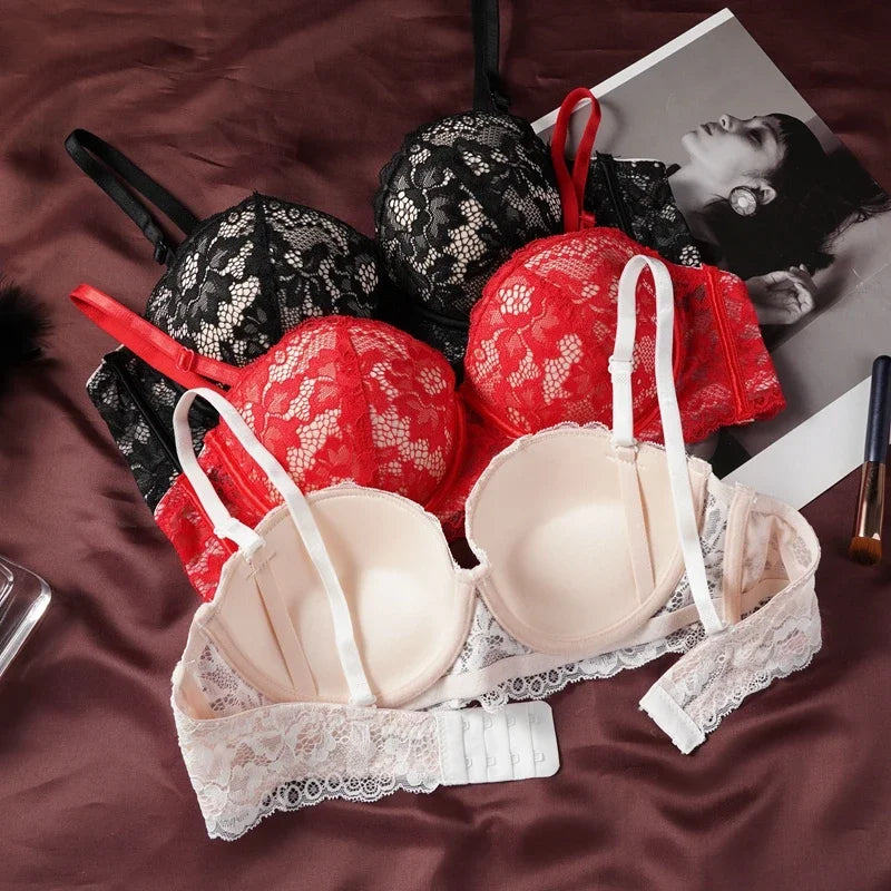 CowLost | black-lace-bra-women-small-chests-gathering-bralette-removable-shoulder-strap |8