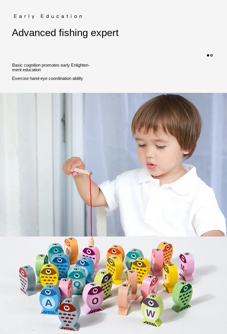 Kids Wooden Fishing Game Educational Alphabet Numeric Cognitive Toy with Magnet