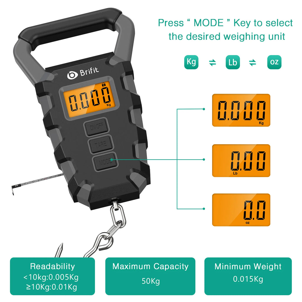 50KG Digital Portable Hanging Fishing & Luggage Scale with Ruler for Home Kitchen