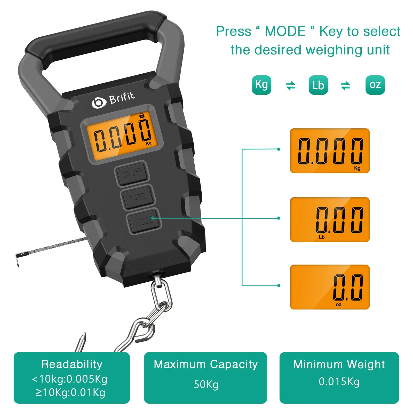50KG Digital Portable Hanging Fishing & Luggage Scale with Ruler for Home Kitchen