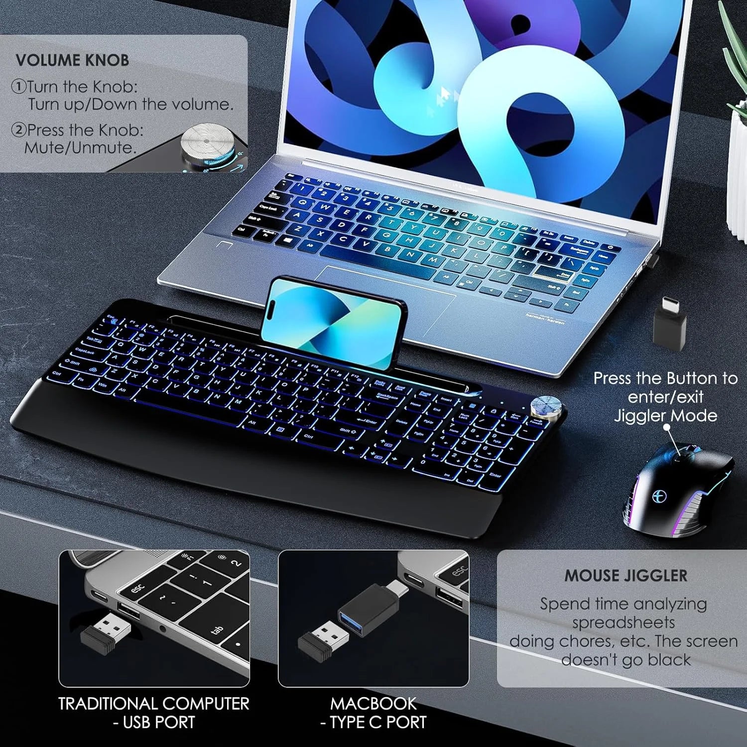 CowLost | product_id-rechargeable-7-color-backlit-full-size-keyboard-with-slot-wrist-rest-volume-knob-mouse-set |5