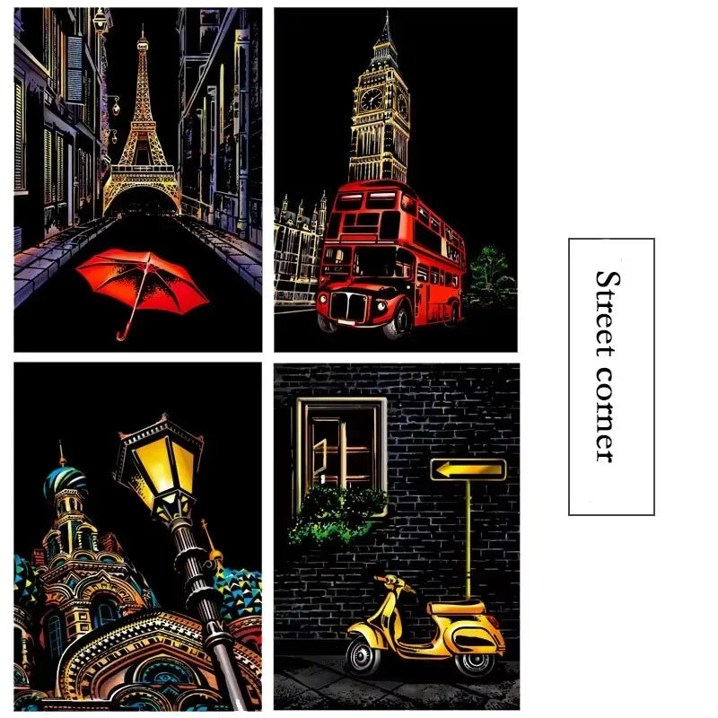CowLost | product_id-4-pcs-a4-diy-scratch-painting-set-with-cartoon-animals-night-view-designs |33