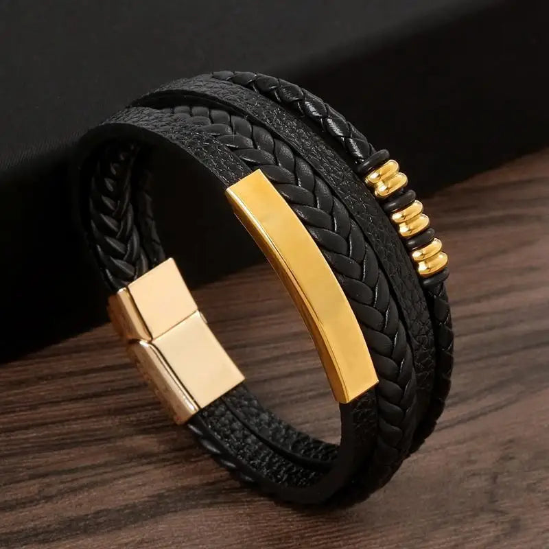 CowLost | punk-men-leather-bracelet-with-stainless-steel-magnetic-clasp-braided-mutilayer |30