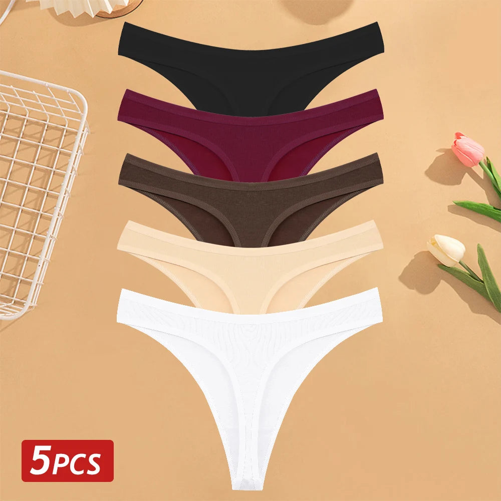 CowLost | activewear-pants-5pcs-women-cotton-solid-color-g-string-panties-set |17