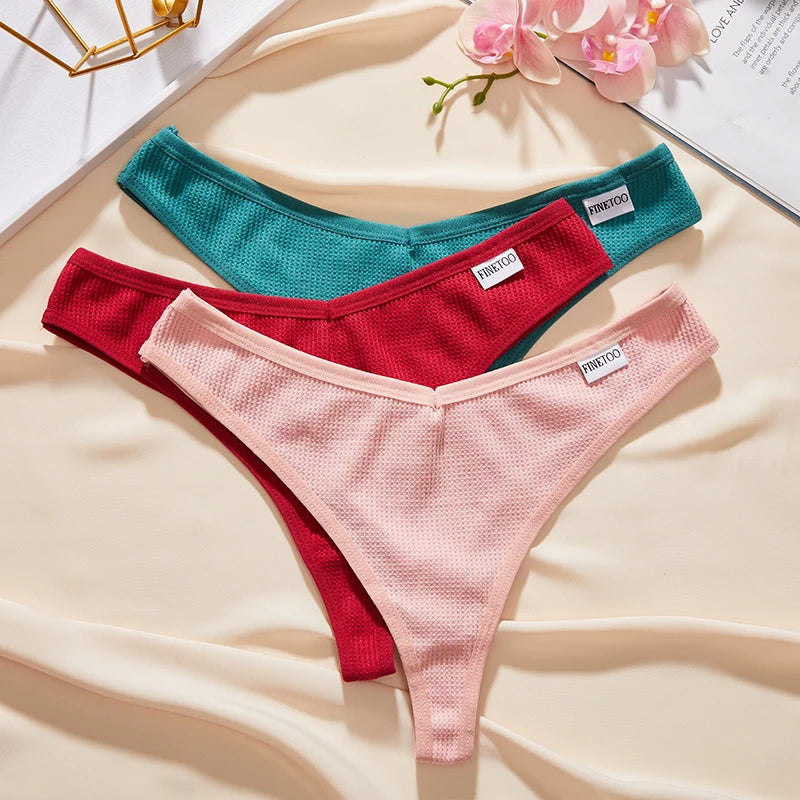 CowLost | activewear-pants-3pcs-cotton-waffle-women-s-sexy-thong-panties-set |3