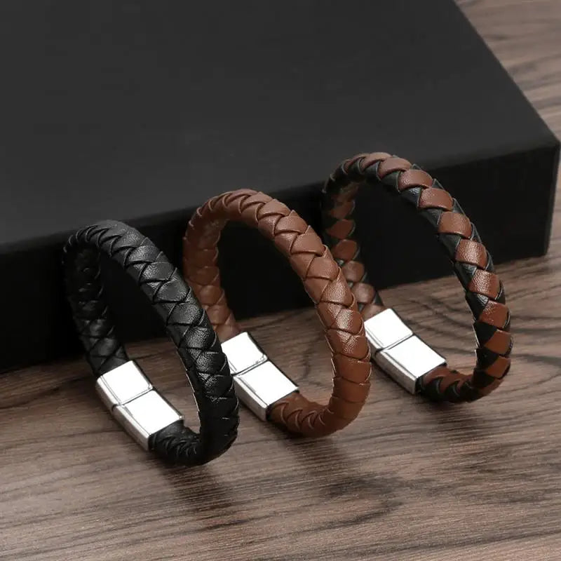 CowLost | badge-pass-holders-classic-mens-braided-leather-bracelet-with-magnetic-clasp |19