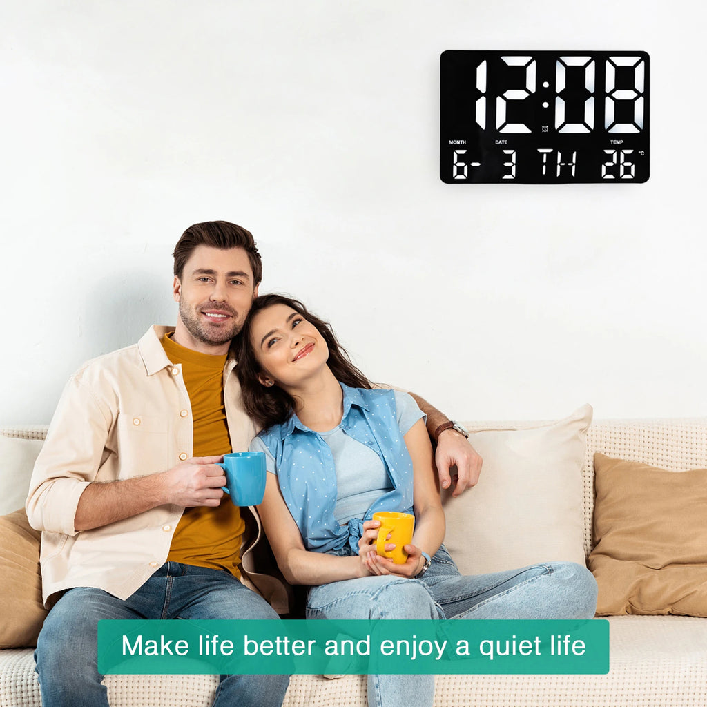 ORIA 11.5" Large USB Powered Digital LED Wall Clock with Calendar, 12/24H Time, Alarm, and Temp Display