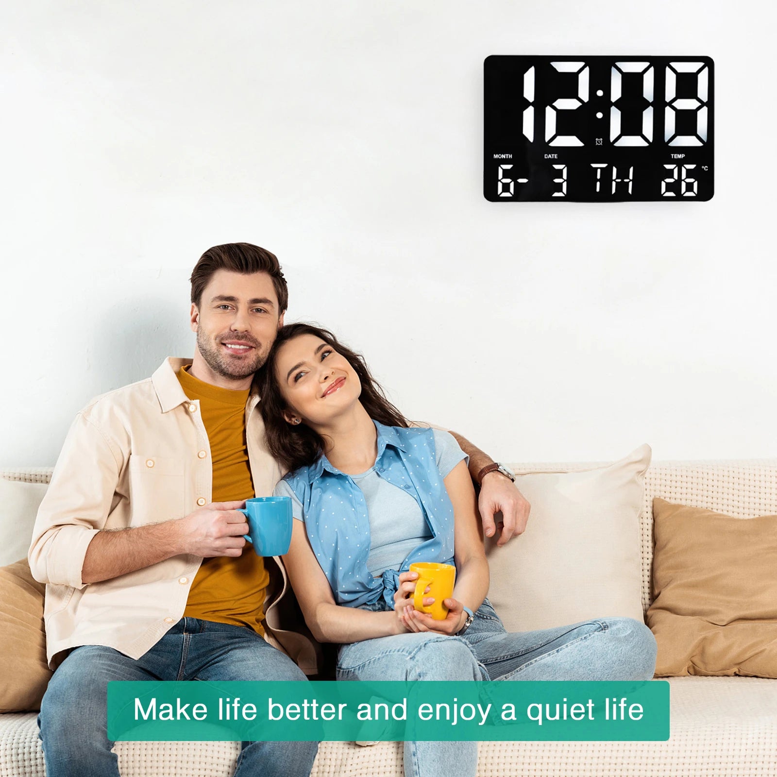 ORIA 11.5" Large USB Powered Digital LED Wall Clock with Calendar, 12/24H Time, Alarm, and Temp Display