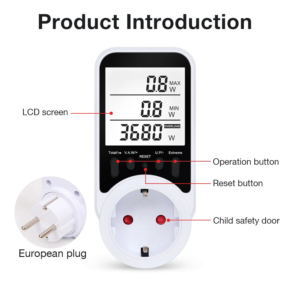 Digital Power Meter Socket 120-240V Wattmeter Energy Consumption Analyzer for Household Appliances