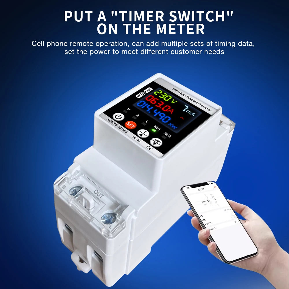 Tuya WiFi Smart Power Meter 63A Energy Switch with Automatic Protector and Voltage Tester