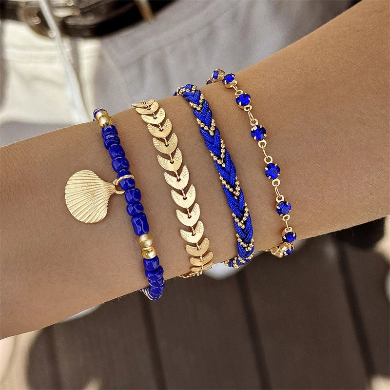 CowLost | 4pcs-set-bohemia-shell-bracelets-for-women-ethnic-style-colorful-zircon-rice-beads-metal-chain-bangles-girl-summer-beach-jewelry |1