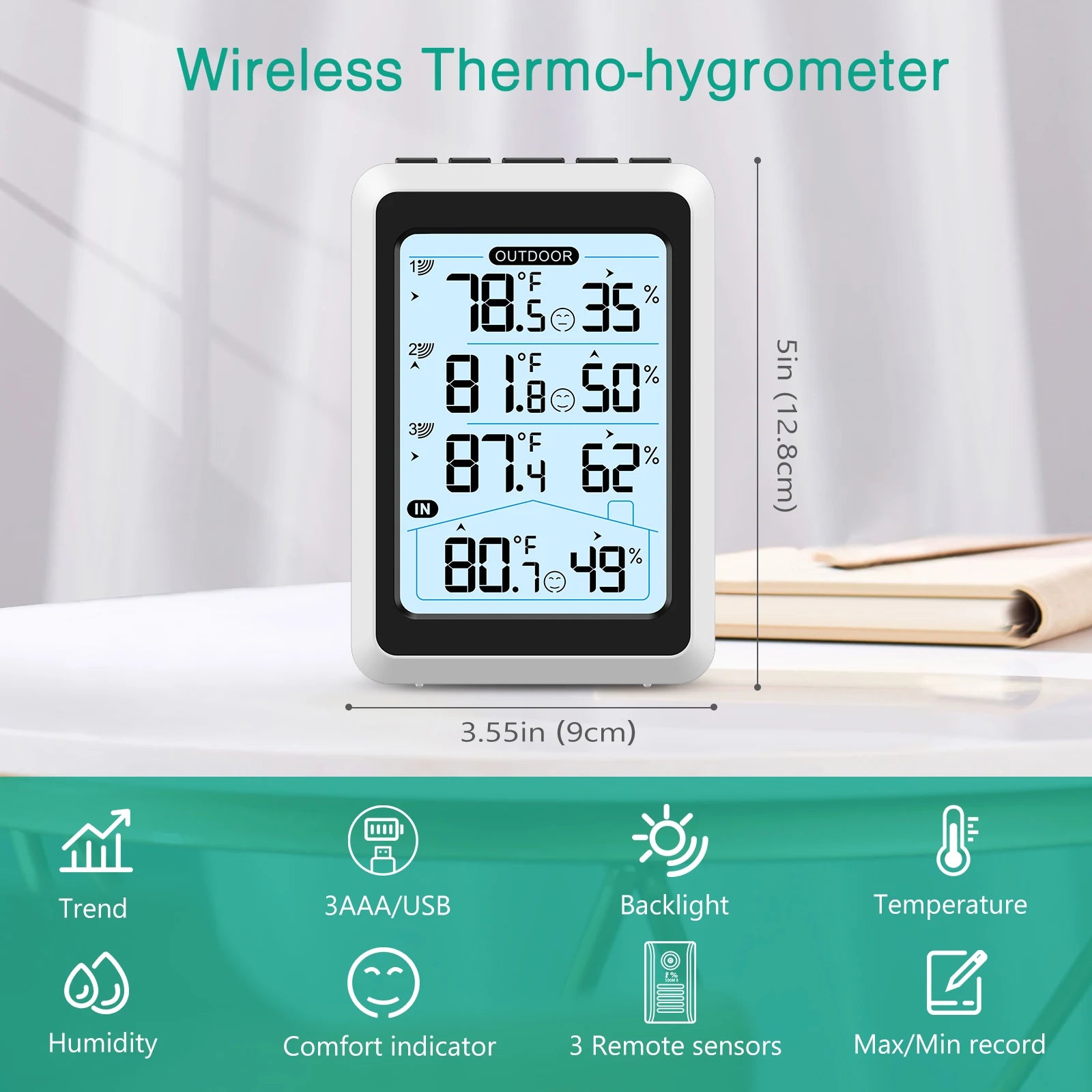 ORIA Digital Indoor Thermometer Hygrometer Wireless Temperature Humidity Monitor with 3 Sensors for Home Office Bedroom