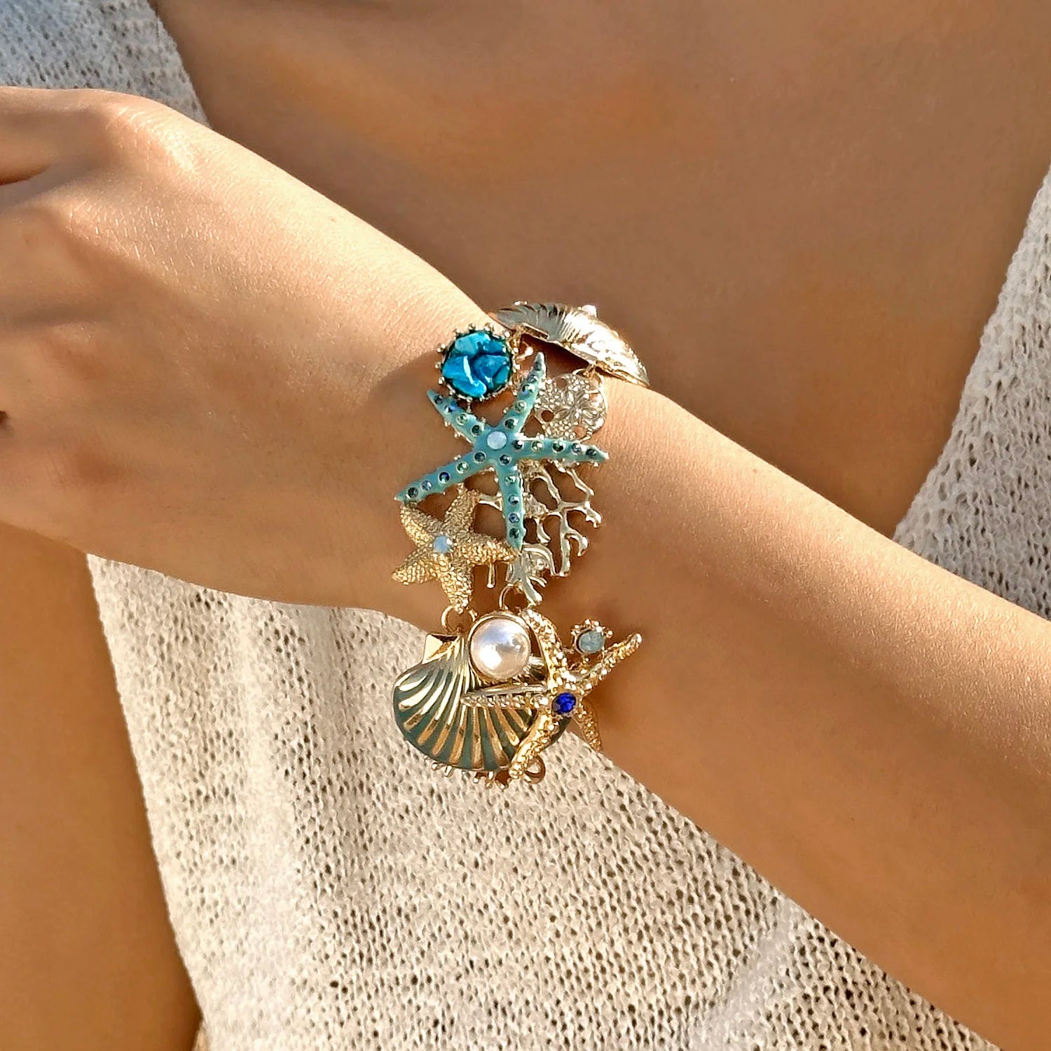 CowLost | boho-starfish-shell-coral-pearl-pendant-necklace-for-women-shiny-crystal-zircon-dripping-oil-beach-clavicle-choker-charm-jewelry |3