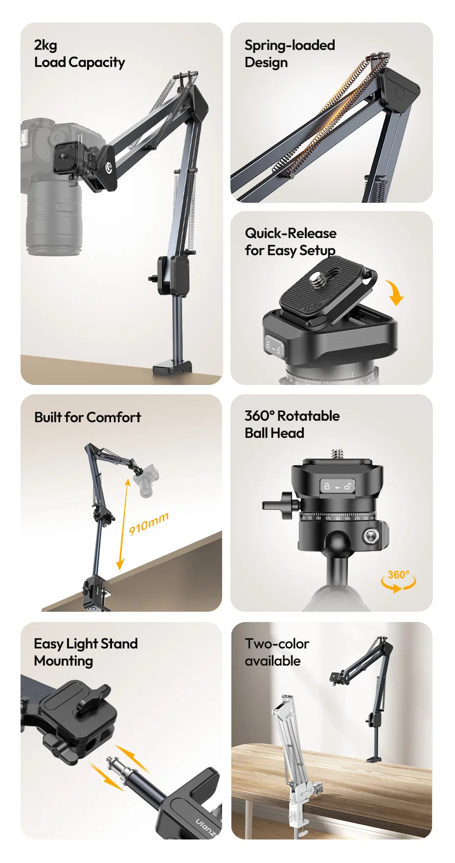 CowLost | ulanzi-th04-overhead-camera-mount-microphone-stand-detachable-c-clamp-2kg-load |7