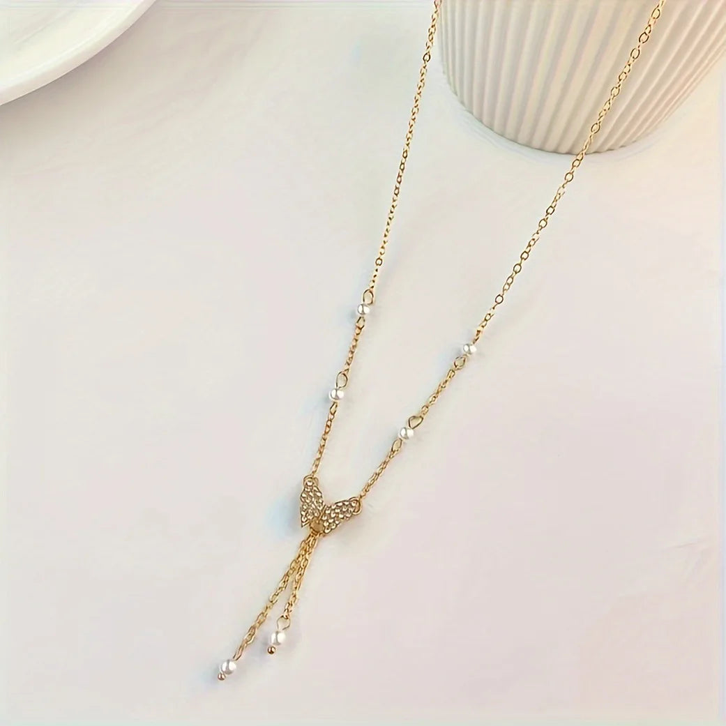 Women Gold Plated Butterfly Tassel Pendant Necklace for Party and Gifts