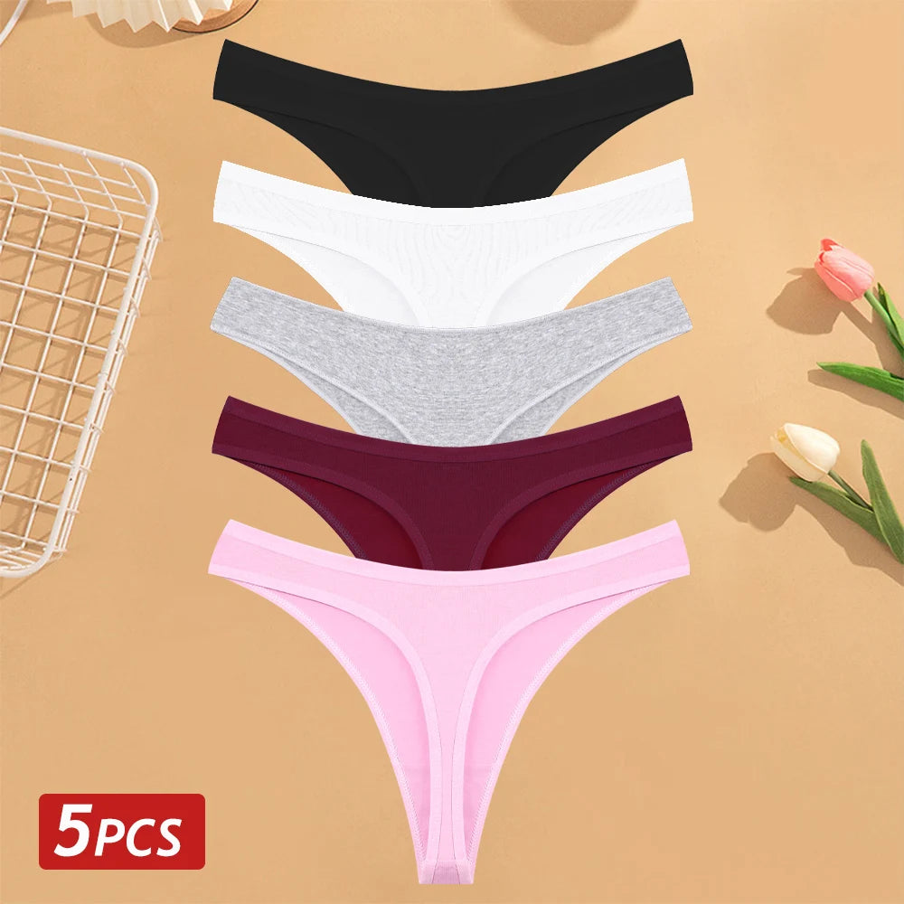 CowLost | activewear-pants-5pcs-women-cotton-solid-color-g-string-panties-set |20