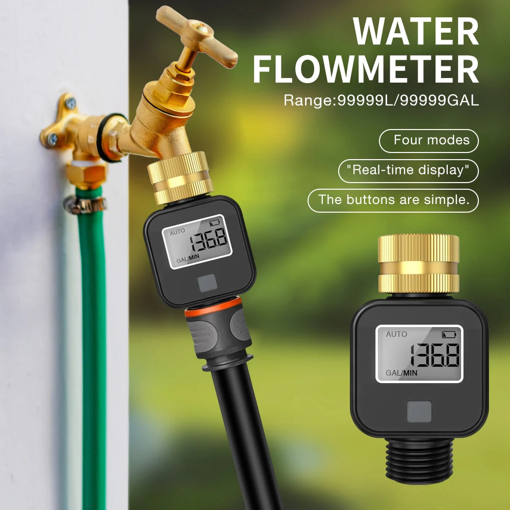Waterproof 3/4" LCD Water Flow Meter for Irrigation Faucet Hose Sprinkler Outdoor Use