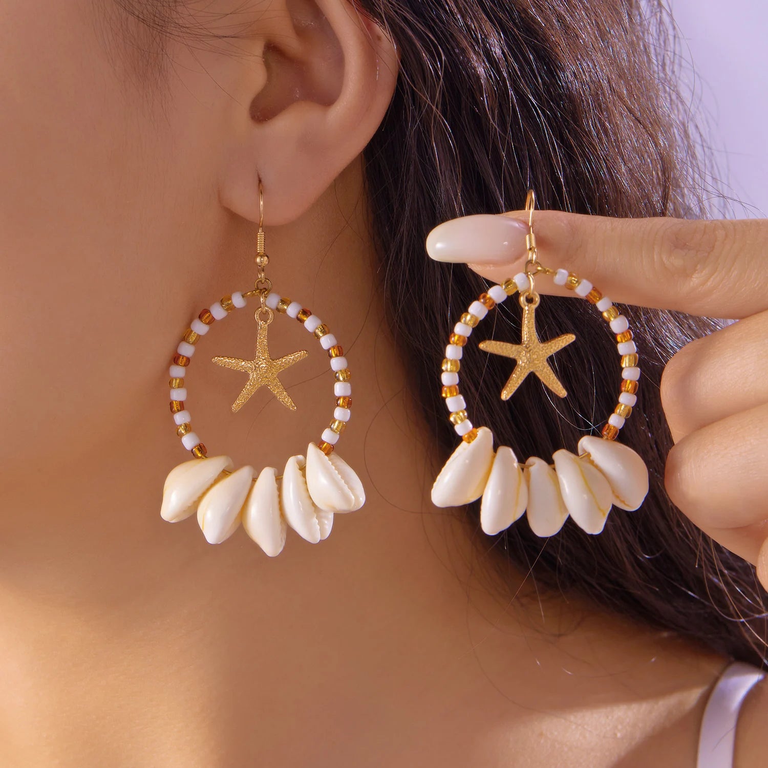 CowLost | boho-sea-shell-earrings-for-women-gold-color-trendy-metal-starfish-round-dangle-earring-girls-beach-party-statement-jewelry-gift |1