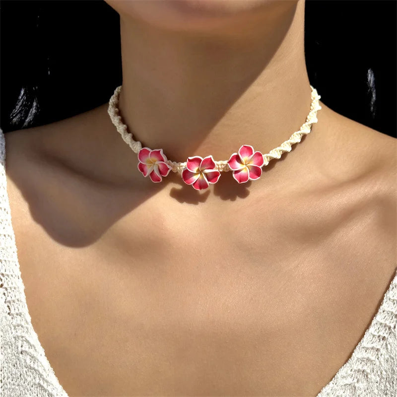 CowLost | bohemian-big-flower-necklace-for-women-red-yellow-green-flowers-braided-necklace-girls-beach-party-wedding-charm-jewelry |1